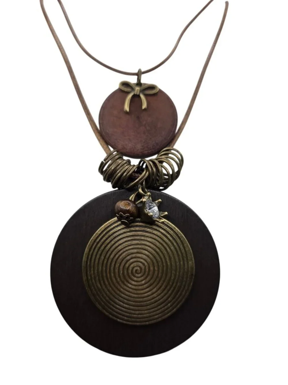 Layered Pendant Necklace With Wooden & Metal Accents Crystal Detail Adjustable C